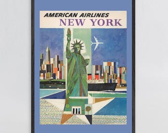 Vintage Statue of Liberty Travel Poster, Mid Century Modern New York City Wall Art