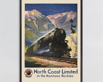 Vintage Train Poster – Vintage Montana Travel Print, Retro Railroad Wall Art, Western Landscape Decor Automotive Decor (Framed or Unframed)