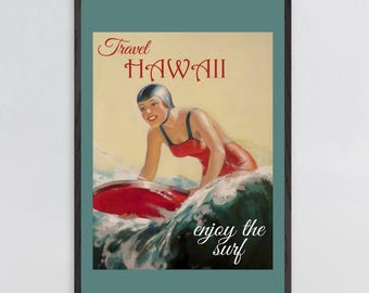 Vintage Hawaii Surfing Poster, Tropischer Reise-Druck, Retro Strand Wandkunst, Mid Century Decor.