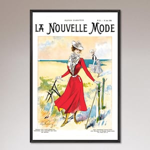 Mujeres en bicicleta jugando al golf en la playa, impresión de moda Art Nouveau de 1901, arte mural francés retro, decoración de estilo antiguo (con o sin marco)