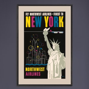 Pôster de viagem da Estátua da Liberdade em Nova York, impressão vintage da cidade dos anos 1950, arte de parede retrô com o horizonte de Nova York, decoração de meados do século (com ou sem moldura)