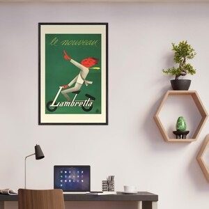 Póster de Lambretta de 1955: Impresión vintage de scooter italiano, arte publicitario de viajes retro, decoración de pared de mediados de siglo (con y sin marco)