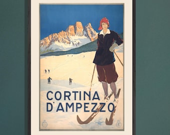 Cortina Italy Ski Poster, Vintage Travel Print, Italian Alps Wall Art