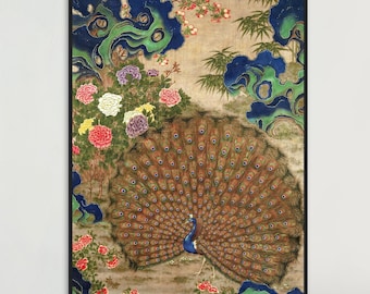 Chinoiseriekunst aan de muur, pauwkunstprint, vintage Chinees vogeldecor