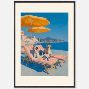 Two dogs in sunglasses lounging on pink striped beach chairs under yellow umbrellas by a bright blue Mediterranean sea and coastal village.