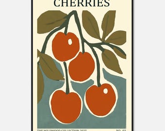 Cherry Print, Dopamine Decor, Modern Kitchen Wall Art, Contemporary Fruit Gallery Poster