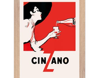 Cartel vintage de Cinzano, anuncio de licores italianos de la década de 1950, arte de bar de mediados de siglo.