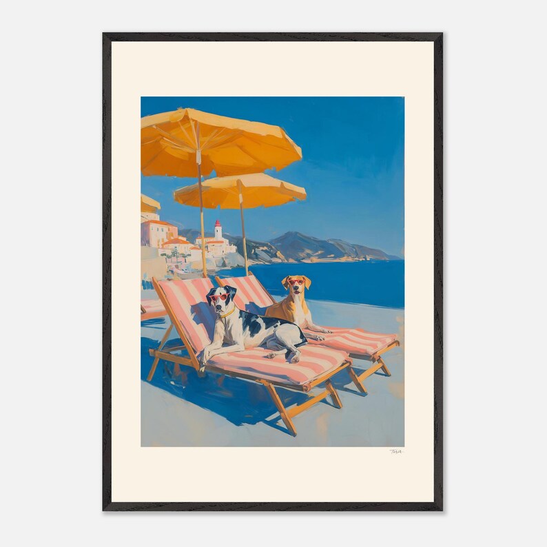 Two dogs in sunglasses lounging on pink striped beach chairs under yellow umbrellas by a bright blue Mediterranean sea and coastal village.