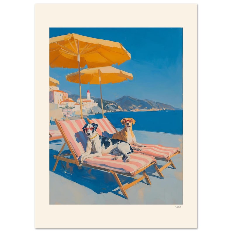 ビーチチェアに座る犬たちのプリント、面白い海辺の犬のウォールアート、夏の海辺のビーチハウスの装飾 画像 20