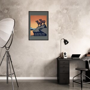 Poster degli Yellowstone Rams - Stampa vintage della fauna selvatica del Parco Nazionale, decorazione da parete retrò, decorazione con pecore bighorn (con o senza cornice)