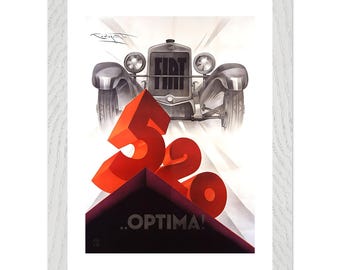 Póster del Fiat 520 Optima, anuncio de coche italiano vintage, arte mural automotriz antiguo