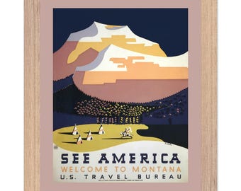 Zie poster Amerika, vintage reisposter Montana, kunst nationale parken, wanddecoratie retro landschap.