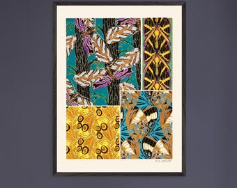 Könnte beinhalten: Ein gerahmter Kunstdruck mit einer Collage aus vier verschiedenen Schmetterlings- und Mottenmustern. Die Designs zeigen Insekten auf dunklen Baumstämmen, ein vertikales gelb-schwarzes Flügelmotiv, ein gelbes Kreismuster und Insekten mit blauen Flügeln.