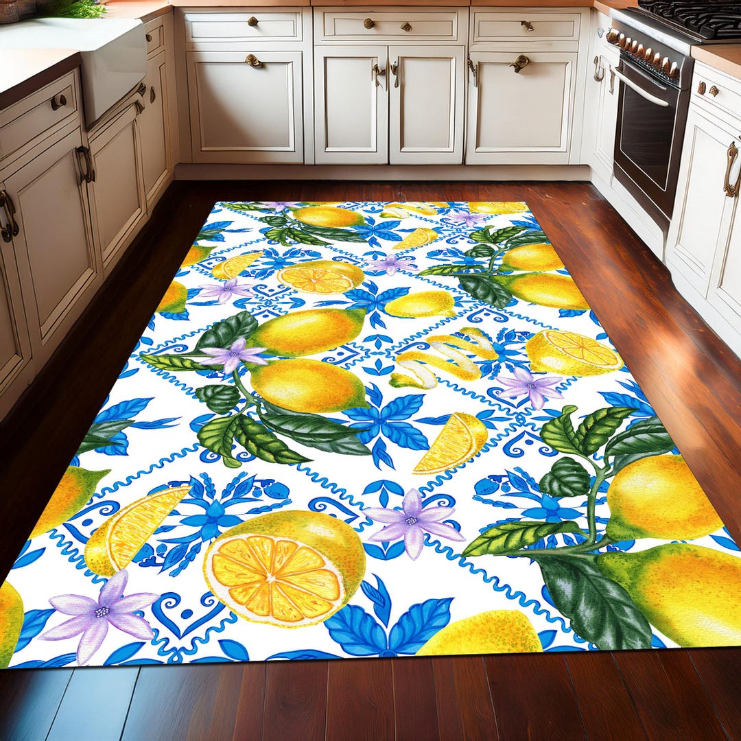 Lemon Kitchen Rug Runner, Mediterranean Tile Print, Non-slip Farmhouse ...
