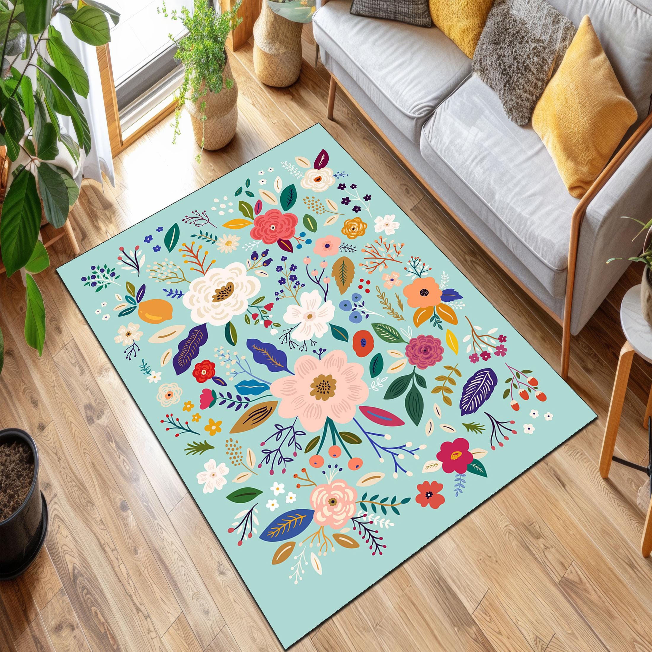 花柄滑り止めラグ：ターコイズボヘミアンビレッジハウスデザイン