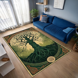 Life Tree Area Rug: Green Boho Retro Living Room Decor