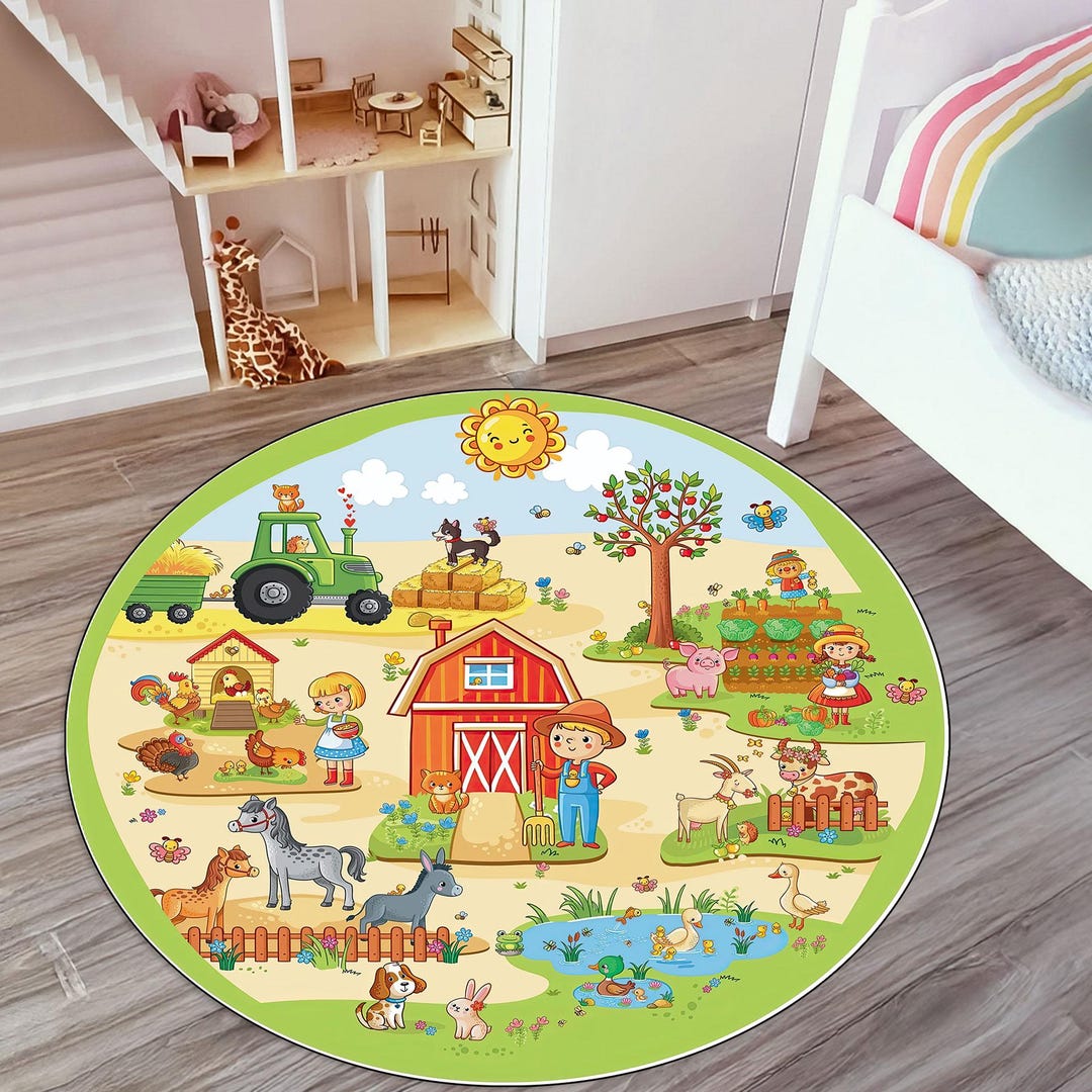 Farm Animals Round Rug, Nursery Play Mat, Washable Kids Rug - Etsy