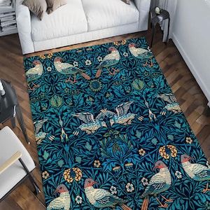 William Morris rug, Mid Century rug, vintage rug, bird rug, printed rug, blue pigeon rug, motif rug, antique, living rug, gift for her