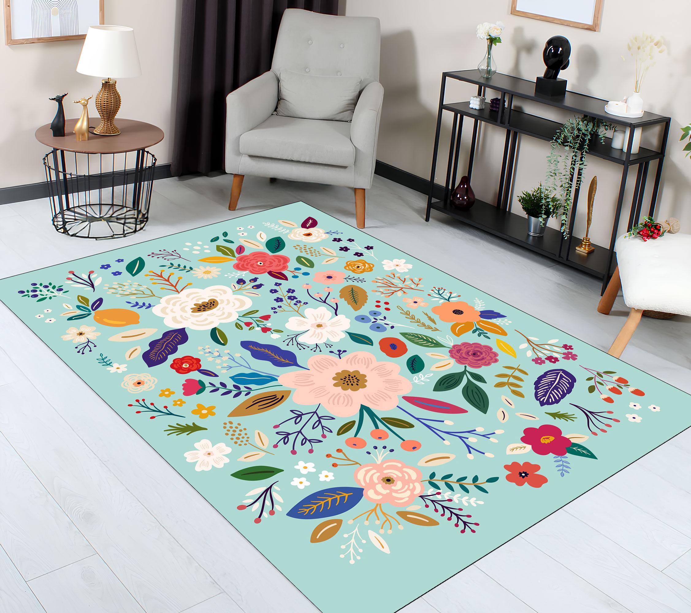 ターコイズ色の花柄ラグ 152x220cm 花柄滑り止めラグ：ターコイズボヘミアンビレッジハウスデザイン