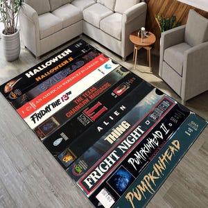 Alfombra de película, alfombra retro nostálgica, alfombra con temática de película de terror, películas VHS, alfombra, alfombra nostálgica VHS, alfombra moderna, alfombra de terror, alfombra de sala de cine, regalo