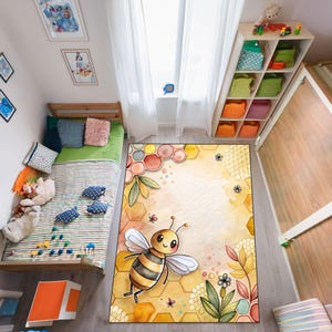 bee flowers rug, cute bee rug, honeycomb rug, Nursery rug, kids room rug, gift for her, Non-Slip Kids Rug, washable rug, bee honey rug