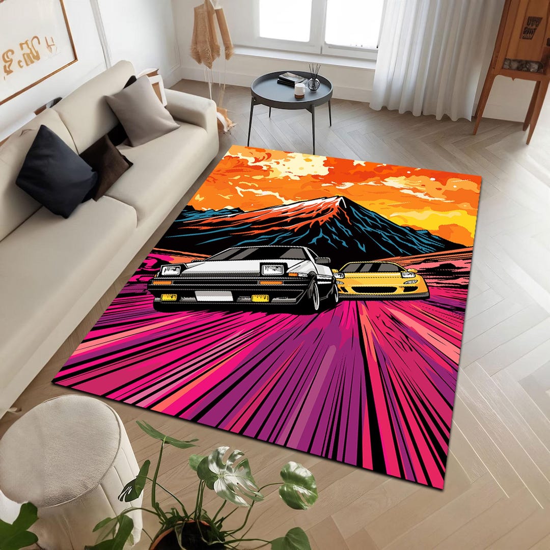 Retro Car Rug: Colorful Vintage Style - Game Room Decor - Etsy