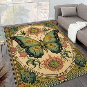 Butterfly Themed Rug, Butterfly, Animal Print Rug, Floral Green Luna Moth Area Rug, Papillon Rug, Cottagecore Bedroom Carpet, Green gift rug