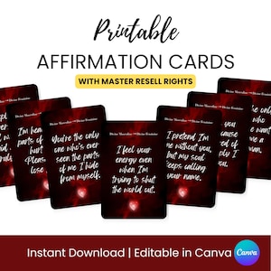 Puede incluir: Un conjunto de tarjetas de afirmación imprimibles con el texto "Printable Affirmation Cards" y "With Master Resell Rights". Las tarjetas tienen un fondo rojo oscuro con texto blanco y un gráfico de corazón. La parte inferior de la imagen dice "Instant Download | Editable in Canva Canva".