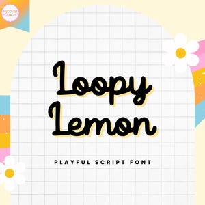 Peut inclure: Police d'écriture ludique intitulée "Loopy Lemon" en noir, avec une ombre jaune, sur un fond de grille blanche. L'image présente un arc-en-ciel pastel, des marguerites et le texte "Playful Script Font".