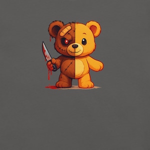 May include: A cartoon teddy bear illustration, split vertically. One side is a cheerful yellow, the other is a darker brown with a bandage and a red eye. The bear holds a bloody knife, with blood splatters at its feet.