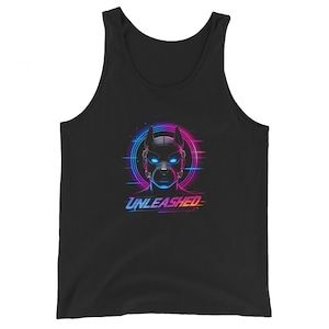 May include: A black tank top featuring a graphic of a dog head wearing a mask with glowing blue eyes, surrounded by a neon pink and blue circular ring. The word UNLEASHED is printed below the graphic in a stylized, colorful neon font.
