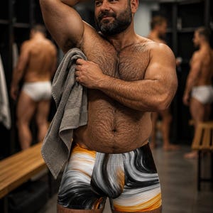 May include: Trunk-style underwear featuring a swirling abstract pattern in shades of black, white, and orange. The garment has a fitted silhouette with a wide waistband and a smooth, form-fitting fabric construction that covers the upper thighs.