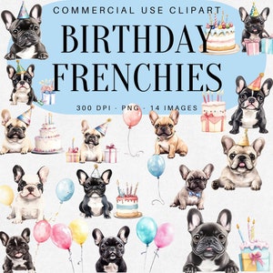 Kawaii Französische Bulldogge Geburtstagsparty Clipart - Süße Hund Digitale Aufkleber - Frenchie mit Kuchen, Luftballons, Geschenke - Kommerzielle Nutzung PNG