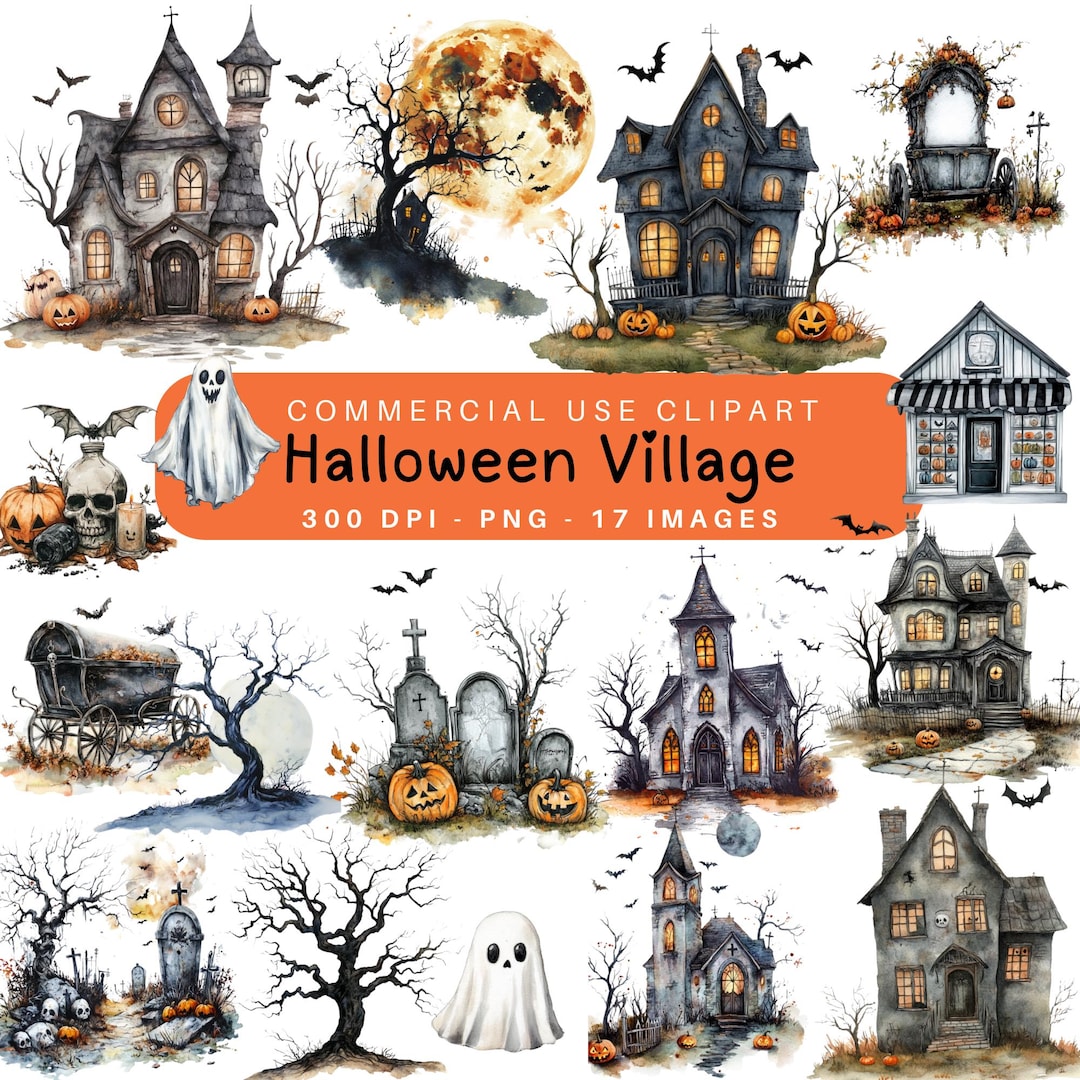 Spooky Halloween Village Clipart: Haunted Houses, Ghosts (digital ...