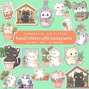 Kawaii Cat Digital Stickers | Cute Cat With Houseplant Stickers | Kitty Watering Plants | Digital Download | Planner & Journal Stickers