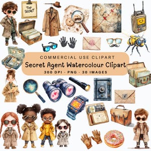 Aquarel geheim agent clipartpakket – 30 schattige spionageafbeeldingen voor kinderen, doe-het-zelfdagboeken, activiteitenpakketten, afdrukbare stickers, digitale downloads