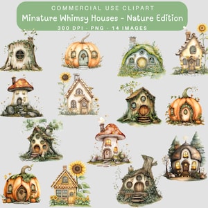 Clipart di case in miniatura fantasiose ispirate alla natura / Cottage nel bosco con acquerelli / Case delle fate in pastello morbido / PNG di Junk Journal / Download digitale