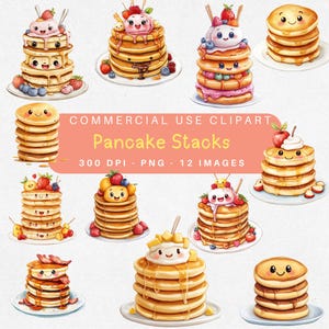 Kawaii Pancake Stack Clipart Pack | Cute Breakfast Food PNGs | Ice Cream, Fruit, Maple Syrup Toppings | 12 PNG Images | 300 DPI