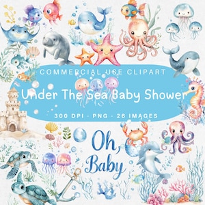 Clipart de Baby Shower bajo el mar / Animales del océano en acuarela PNG / Ballena azul, estrella de mar, caballito de mar, tortuga, ancla / Uso comercial
