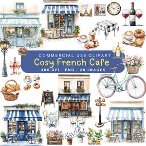 Gezellig Frans café - blues - clipart voor commercieel gebruik