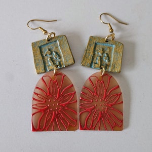 Funky Red Flower Earrings: Gold Patina Asian Tile, Holiday Earrings