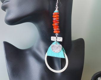 Blood orange and turquoise leather hoop earrings/ southwestern bright leather earrings/ bright african hoop statement  earrings