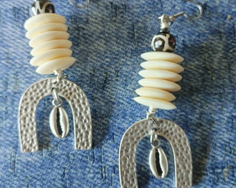 Off white beige and black  african silver and bone cowrie shell  earrings