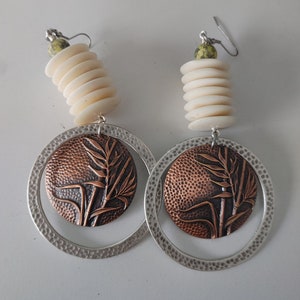 Mixed metal bronze and silver hoop earrings ,plant earrings , yellow jasper hoop earrings, funky boho hoop earrings,  statement earring