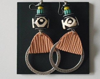 African batik and peach leather circle earrings