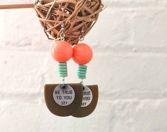 Affirmation olive green earrings/olive green and coral  earrings / funky green earrings