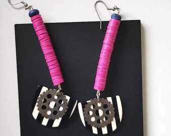 Fuchsia and black and white striped earrings from the cirque du slaaaaaay collection