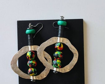 Colorful african glass beaded earrings/ large colorful rasta  earrings/ african silver earrings/ bright bold african earrings/ giftsforher