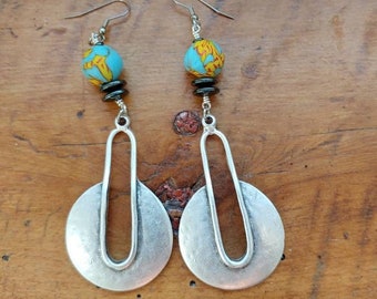 Antiqued silver and african blue  recycled powdered glass bead earring/ earthy African  beaded earrings / african statement earrings