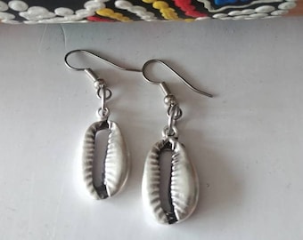 Silver Cowrie Shell Dangle Earrings: Boho Beach Jewelry